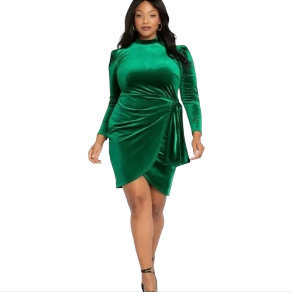 ELOQUII Puff‎ Sleeve Green Velvet Dress size 20 Cocktail Party Holiday